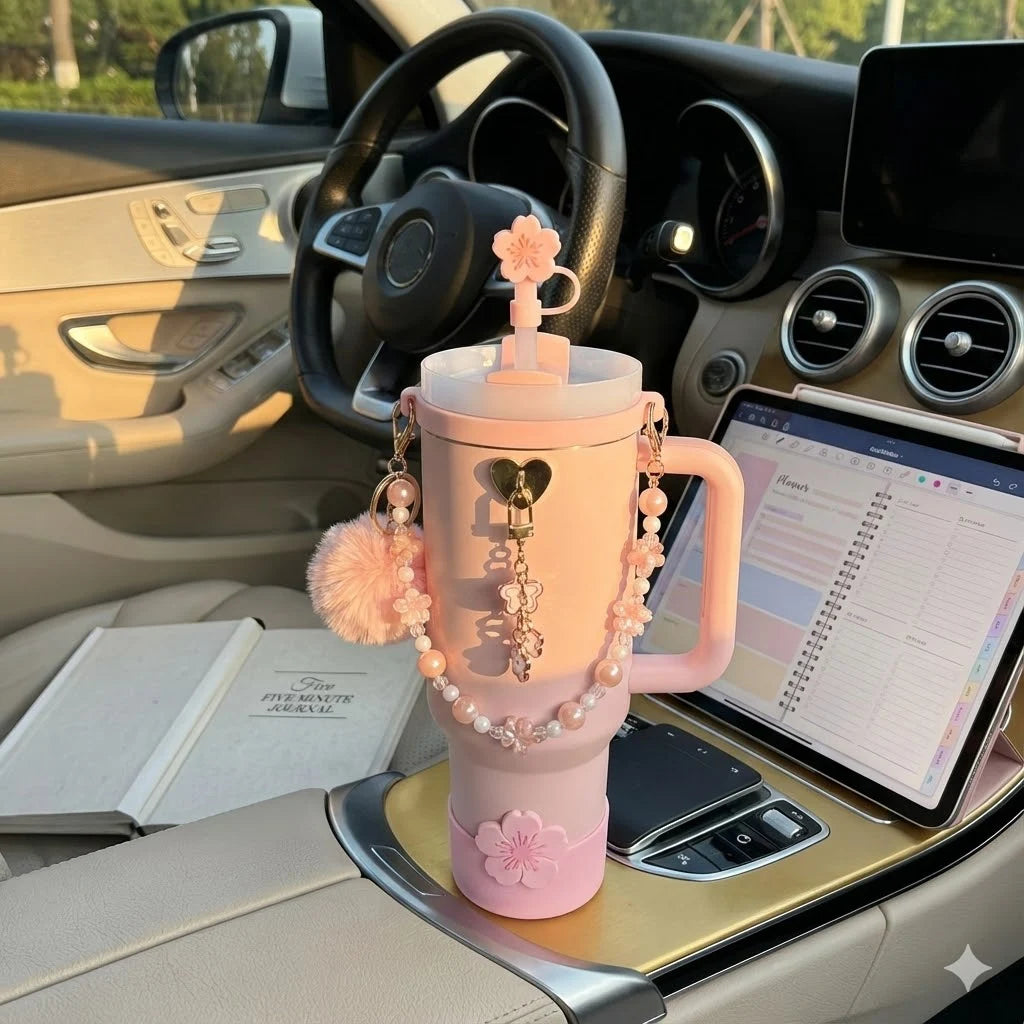 7pcs Sakura Pink Accessories Set for Stanley 30oz 40oz Tumbler Coquette Aesthetic Charm Handle Chain Spring Gift for Women Girls