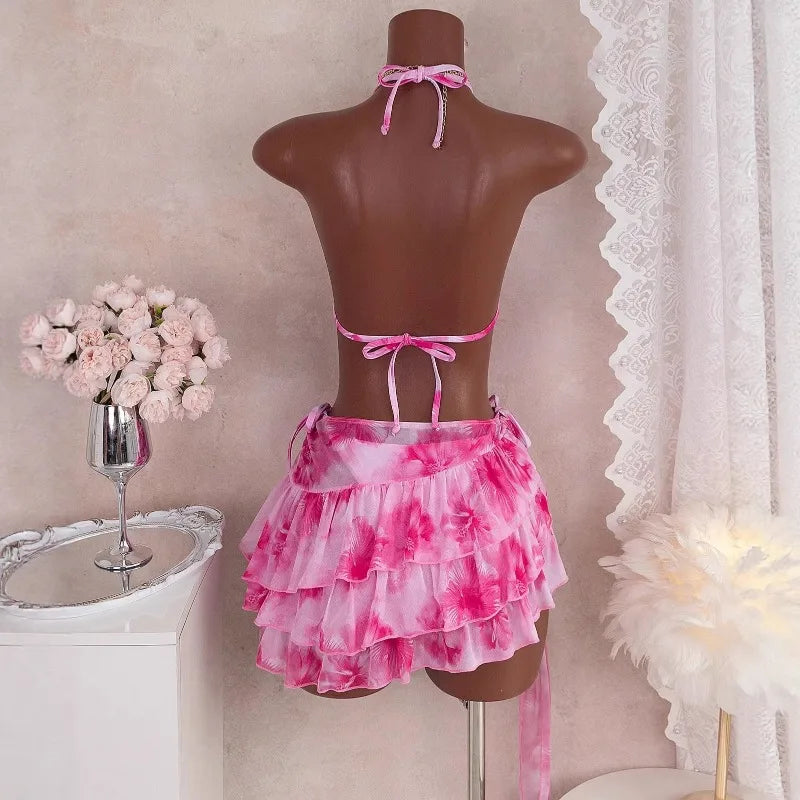 2026 New Women's Print Bikini Set Sexy Bandage Micro Bikini Layered Ruffle Skirt Three Piece Sets Beachwear Vacation Pool Party