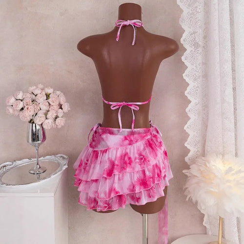 2026 New Women's Print Bikini Set Sexy Bandage Micro Bikini Layered Ruffle Skirt Three Piece Sets Beachwear Vacation Pool Party