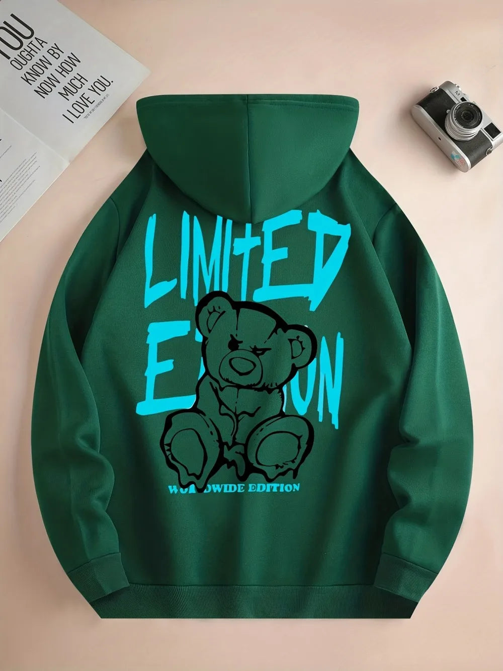 Men's Street Fashion Fall/winter Cartoon Lettered Bear Print Hooded Fleece Pullover Versatile All Occasions Sporty Casual Loose