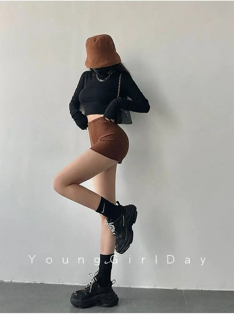American Style Shorts Women High Waist Sheath Stretch Solid Knitting Hot Trousers Sexy Spice Girls Summer Simple Sporty Casual