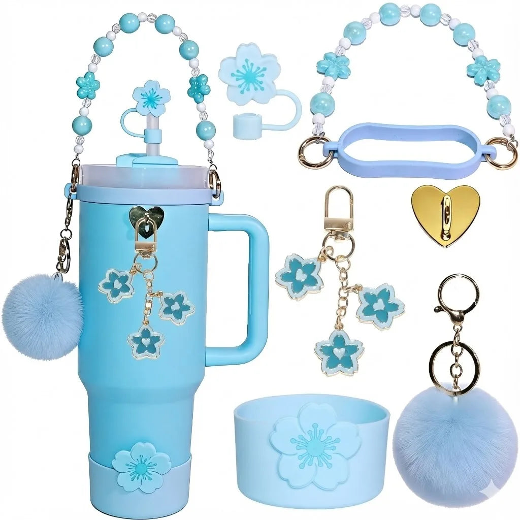 7pcs Sakura Pink Accessories Set for Stanley 30oz 40oz Tumbler Coquette Aesthetic Charm Handle Chain Spring Gift for Women Girls