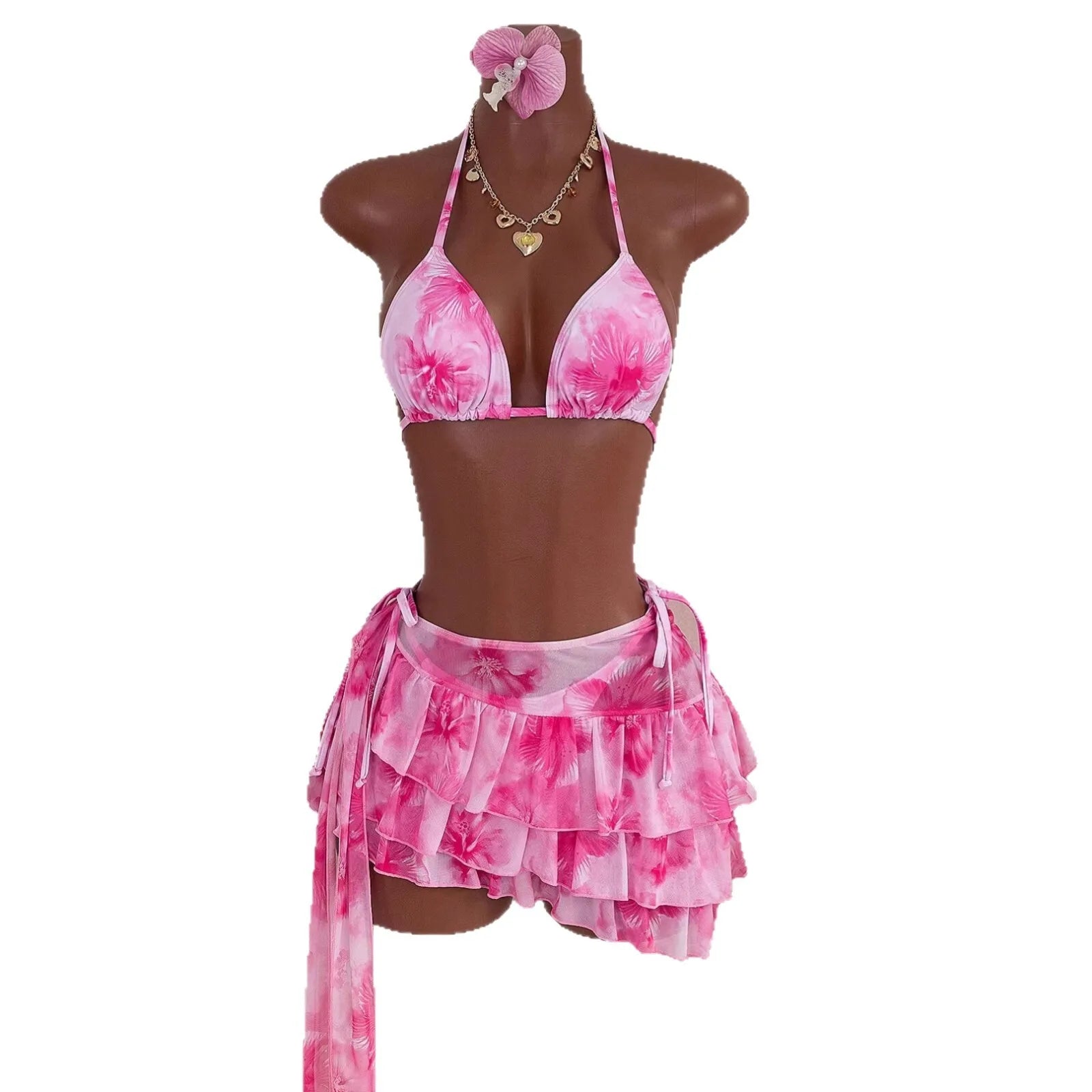 New Color-blocking Slim-fit Sexy Casual Hot Vacation Swimsuit With Straps, Three-piece Bikini Set