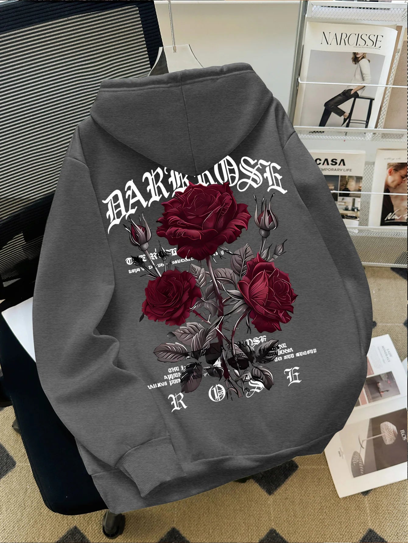 Autumn/Winter Street Style Men's Hoodie with Rose and Gothic Letter Print, Casual Loose Fit, Fleece-lined Long-sleeved Hoodie