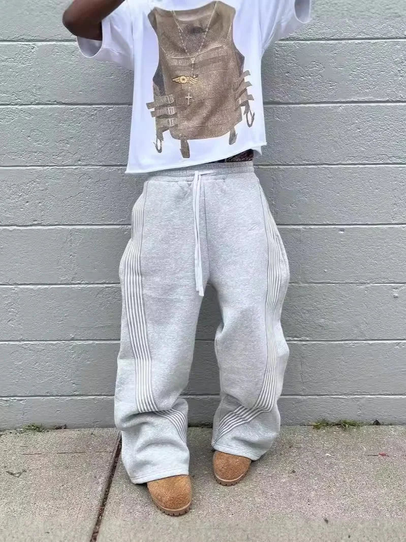Mens Y2K Striped Sweatpants Harajuku Retro American High Street Loose Casual Hip Hop Versatile Trendy Joggers Streetwear Pants