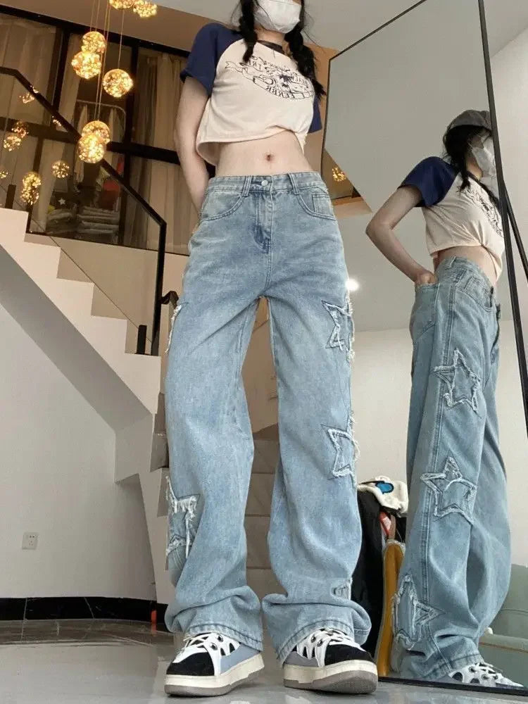 High Waist Wide Leg Straight Cut Jeans Women's Spring Summer New Style Embroidered Five-Pointed Star Patch Trendy Long Pants