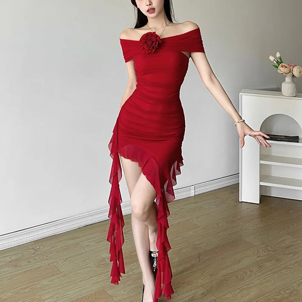 Lace Splicing Sexy Perspective Dress Women Irregular Sleeveless Edge Dress Summer Long Party Vacation Evening Dress