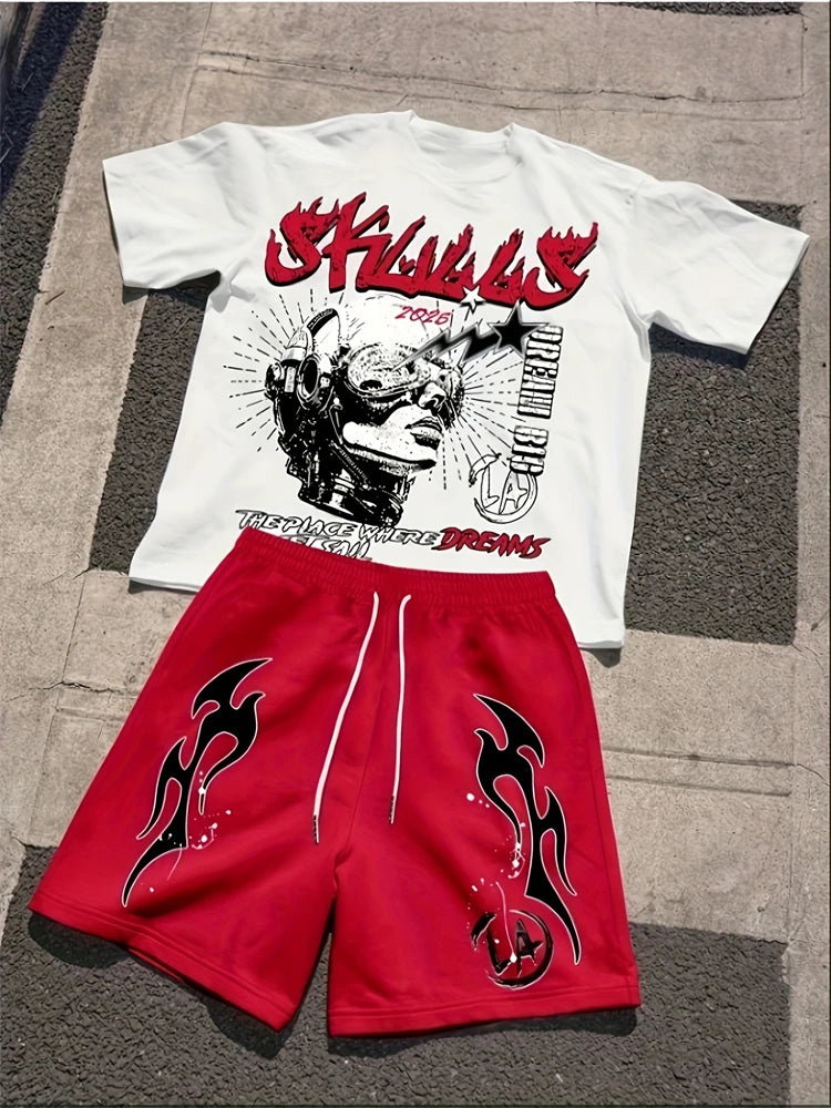2026 New Spring American Hip-hop Style Men's Round-neck Top And Casual Shorts, Street Fashion Trend Men's Short-sleeved 2pcs Set