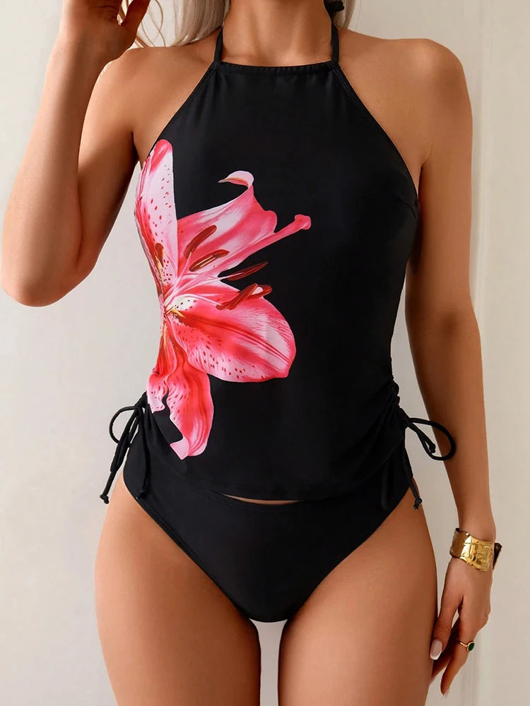 Circyy Swimsuit Women Floral Printed Sexy Bikini Set Drawstring Lace Up Black Beachwear Summer New Holiday Slim Bathing Suit