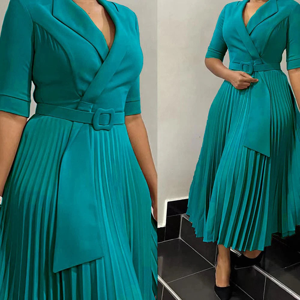 Elegant Office Ladies Dresses 2024 Autumn Fall Notched Collar Half Sleeve Belt Waisted Mid Calf Female Birthday Party Dress Midi