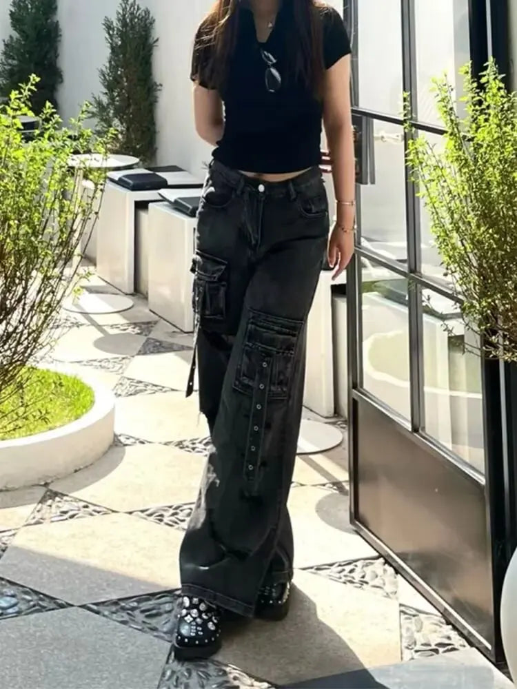 Gothic Y2k 2000s Pockets Safari Ripped Baggy Jeans Women Black Girl Denim Trousers Punk Pants Vintage Woman Clothing Clothes