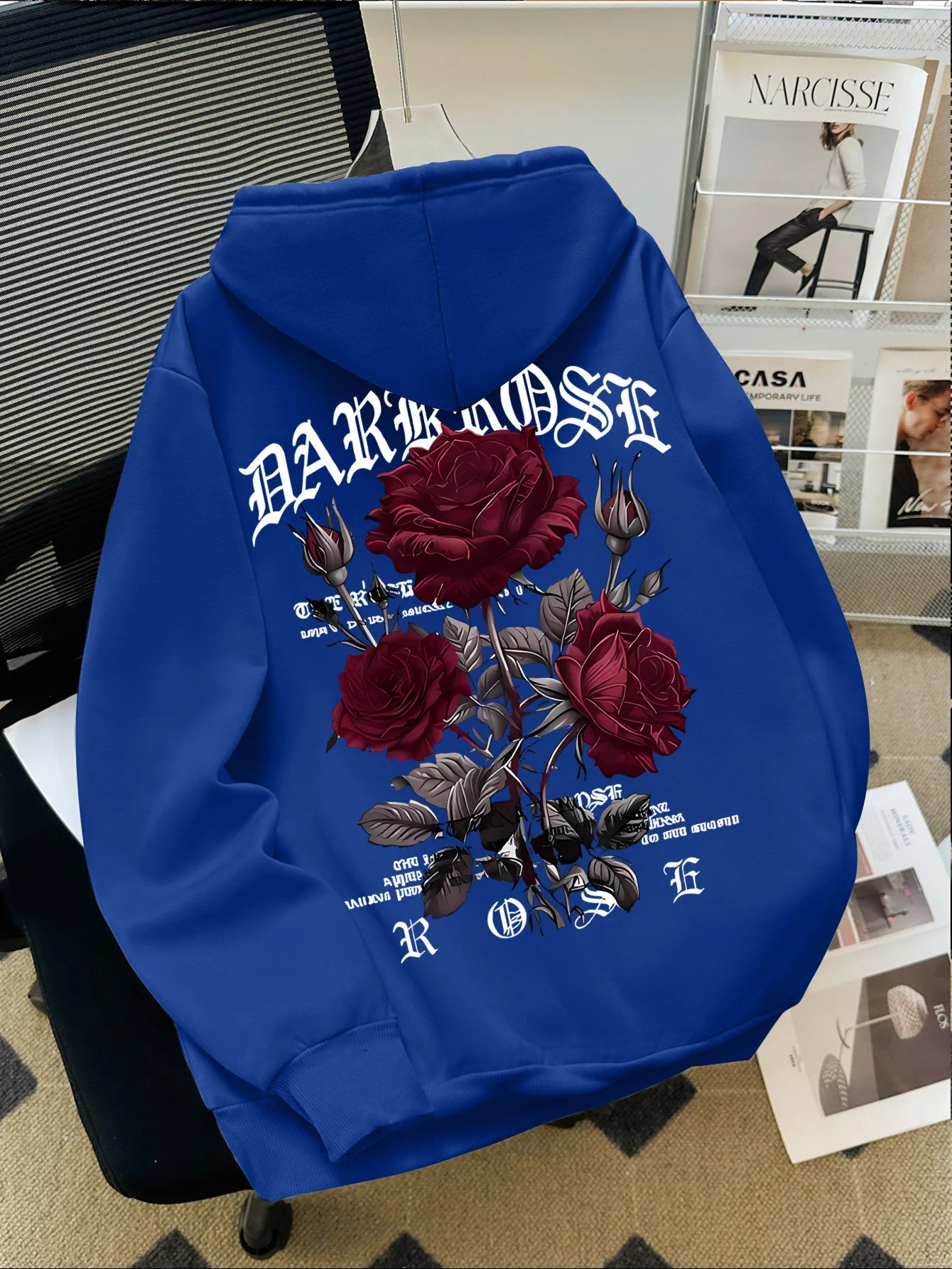 Autumn/Winter Street Style Men's Hoodie with Rose and Gothic Letter Print, Casual Loose Fit, Fleece-lined Long-sleeved Hoodie