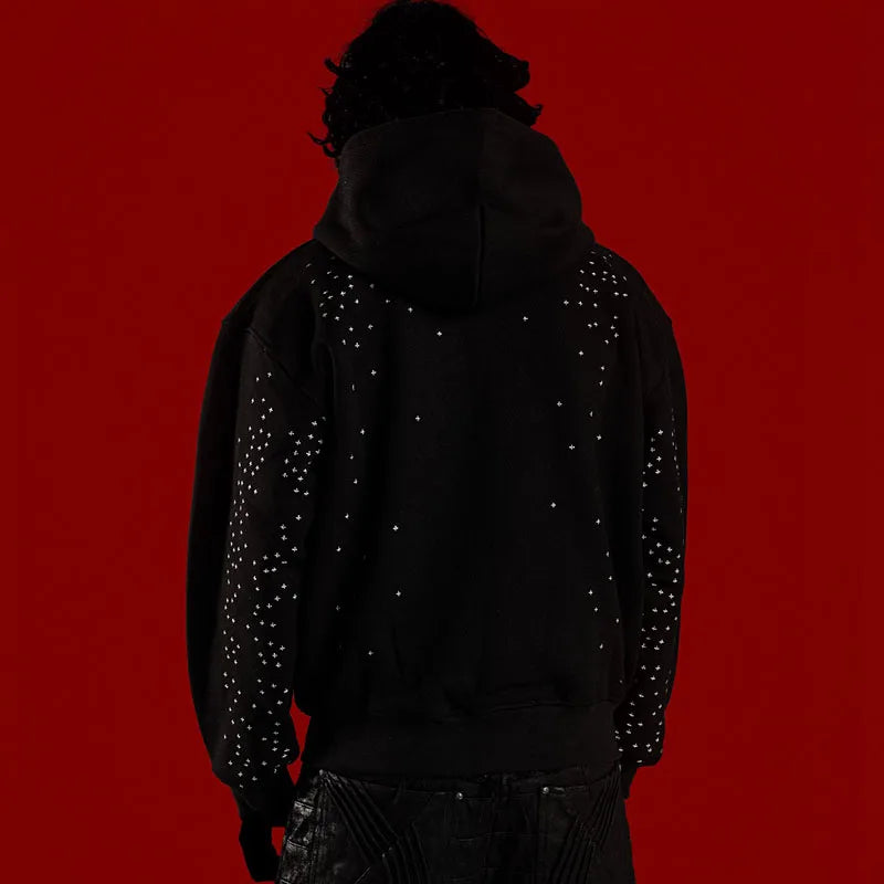 Autumn Winter American Hip Hop Vintage Long Sleeved Hoodie Dark Gothic Cross Applique Decorated Zipper Cardigan High Street Coat