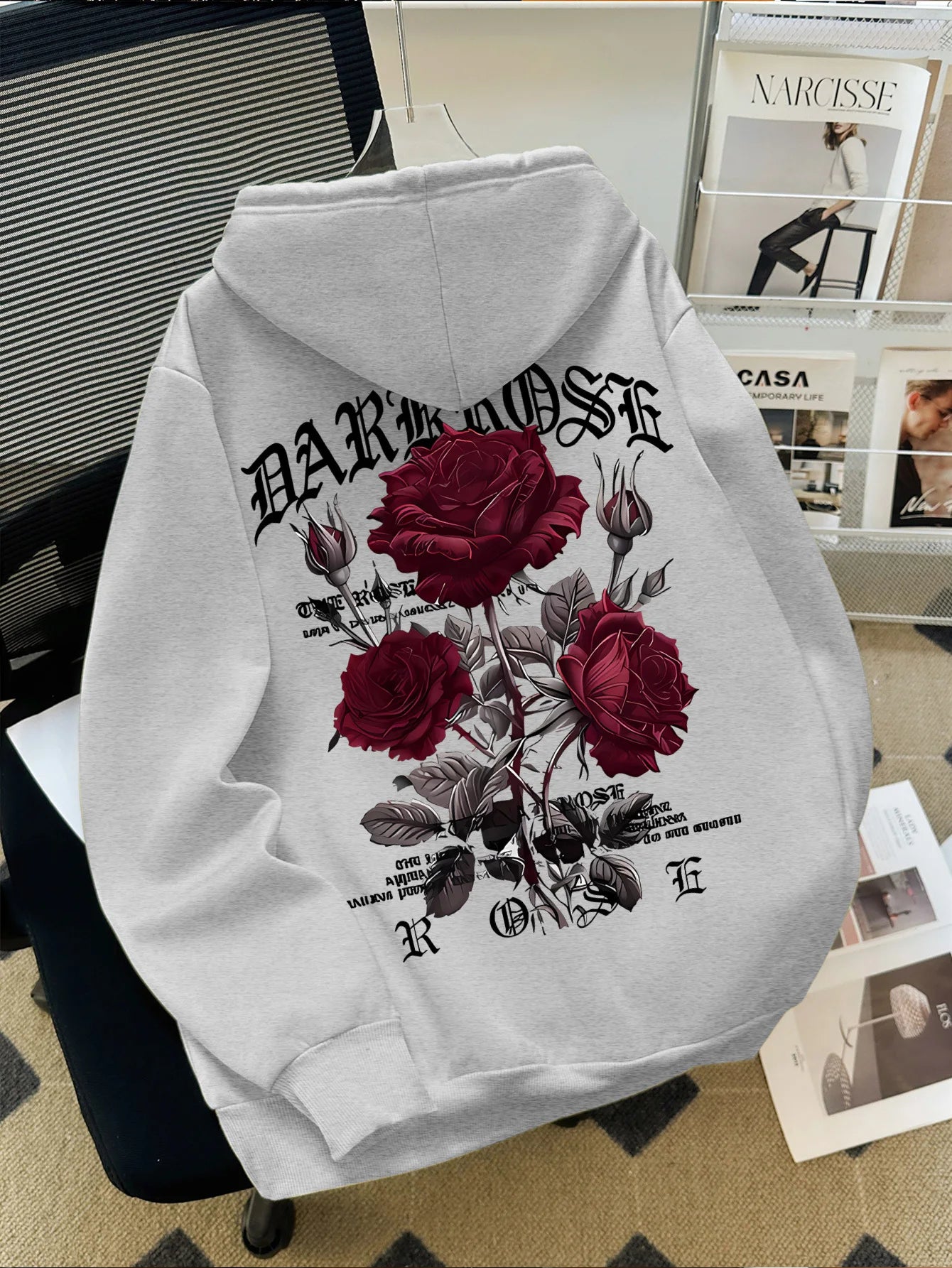 Autumn/Winter Street Style Men's Hoodie with Rose and Gothic Letter Print, Casual Loose Fit, Fleece-lined Long-sleeved Hoodie