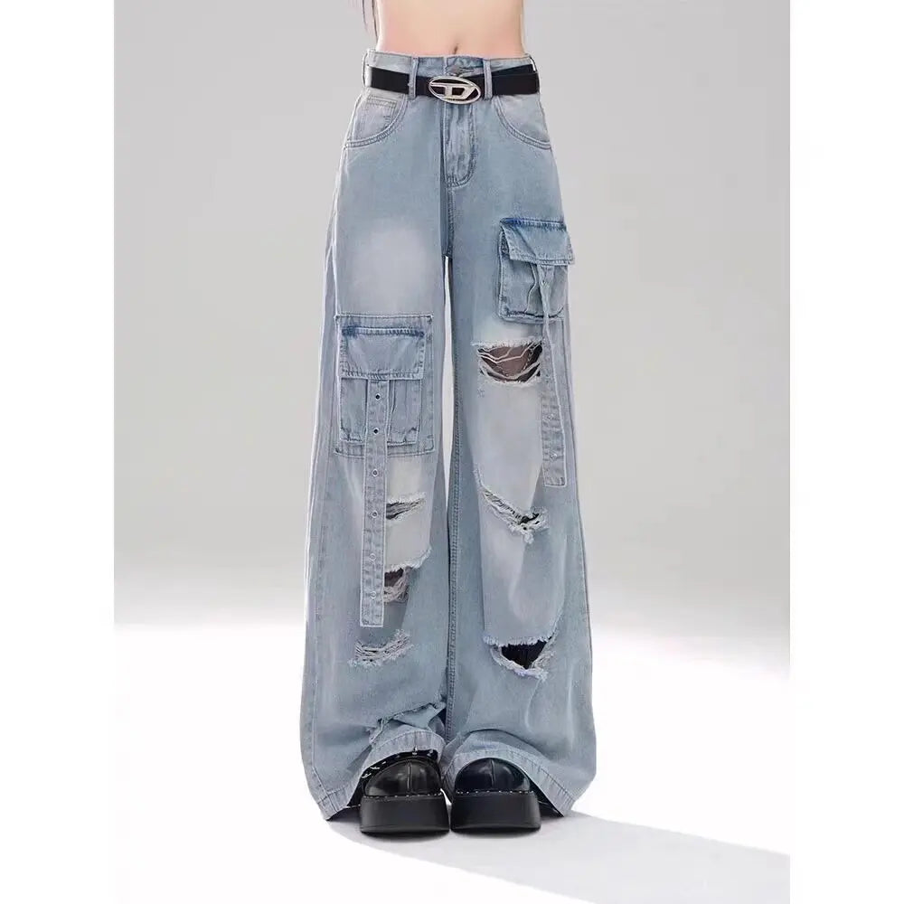 Gothic Y2k 2000s Pockets Safari Ripped Baggy Jeans Women Black Girl Denim Trousers Punk Pants Vintage Woman Clothing Clothes