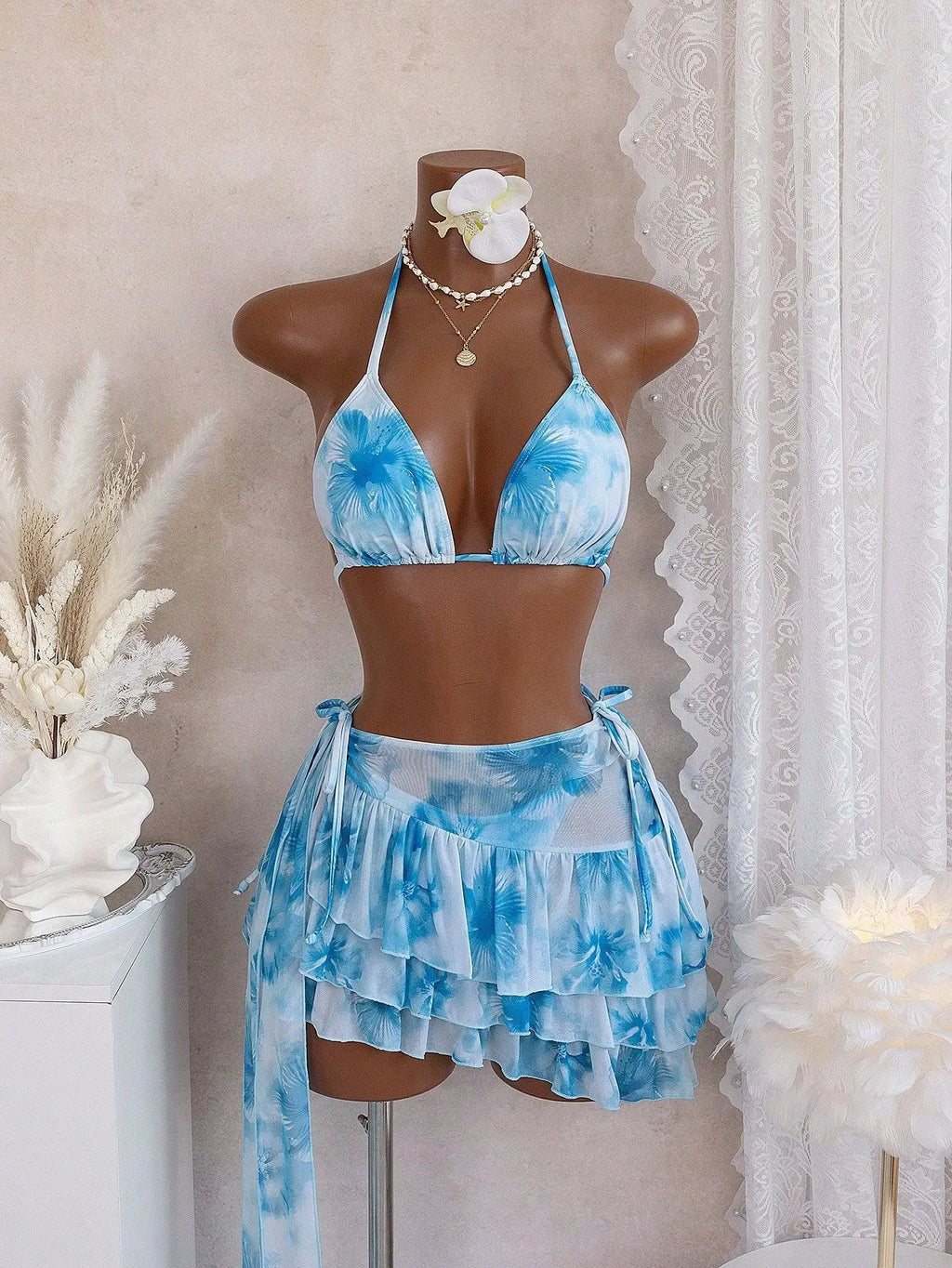 New Color-blocking Slim-fit Sexy Casual Hot Vacation Swimsuit With Straps, Three-piece Bikini Set