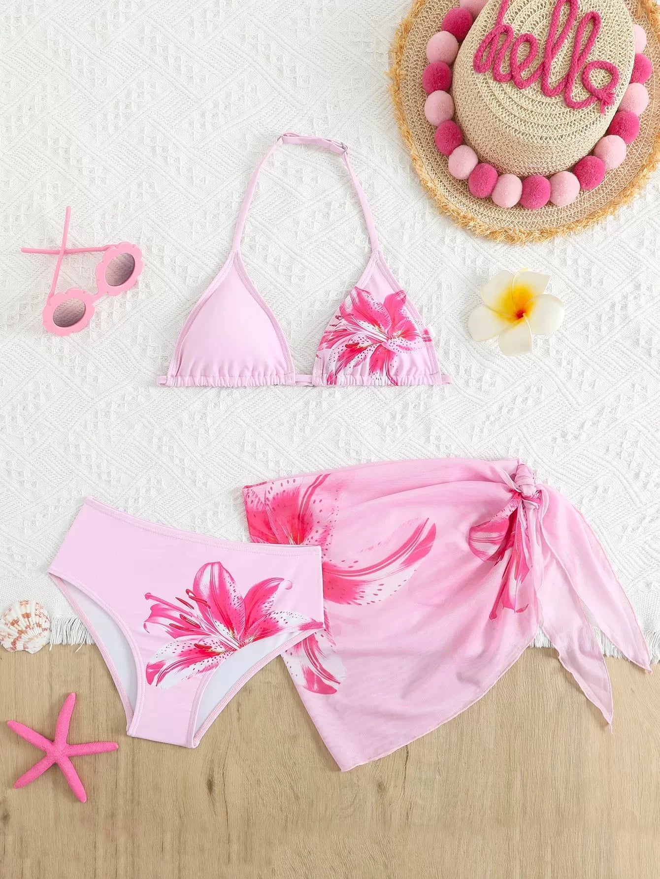 2026 New Trendy Girls' Swimwear Chindren Girls Bikini Swimsuit Set with Flower Print Three-Piece Outfit Bathing Suit 7 To 16Y