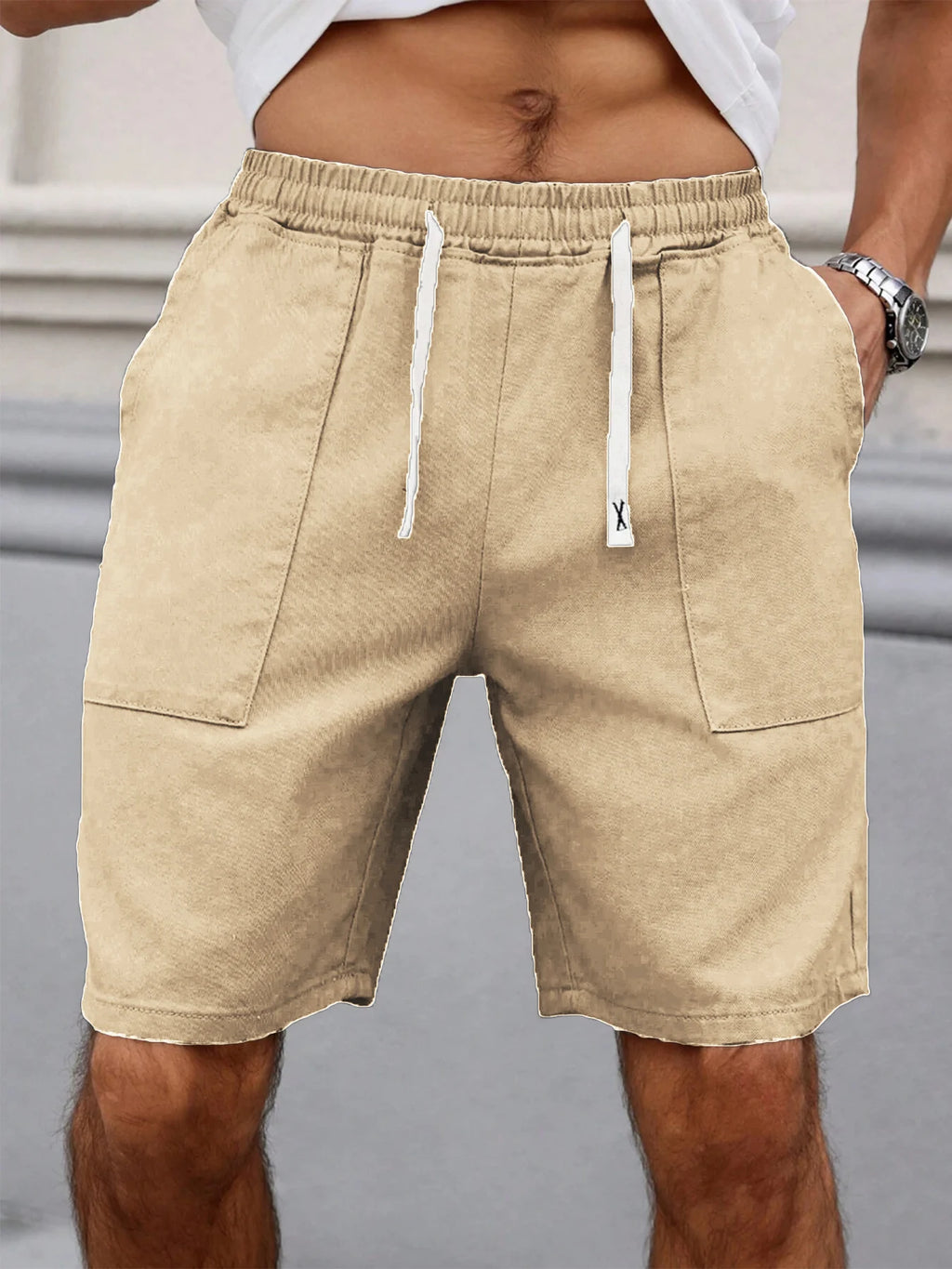 Summer Men's Retro American Style Shorts with Drawstring Casual Pants Included Solid Color Trendy Mid-Length Men's Shorts