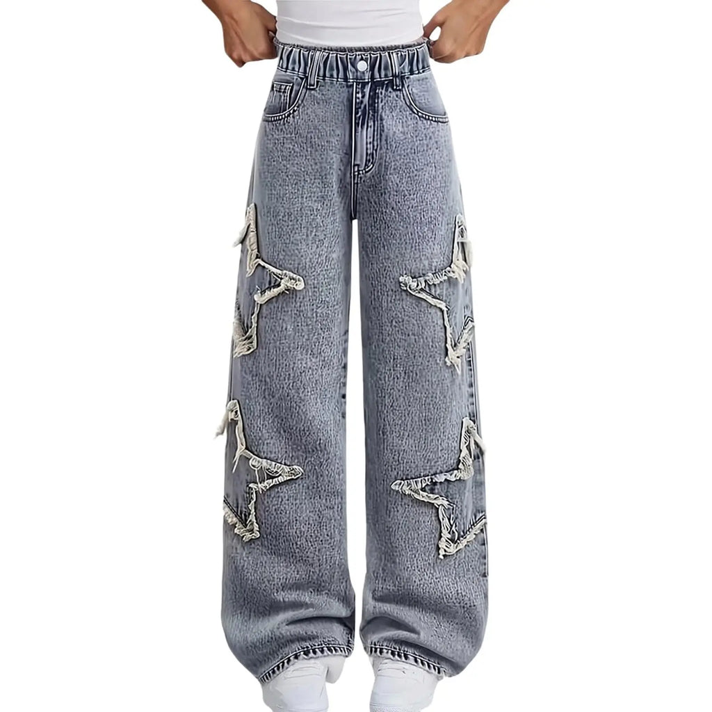 Girls Jeans Autumn Spring Loose Casual Straight Pants Kids Fashion Versatile Wide Leg Trousers Star Patchwork Denim Pants 5-15Y