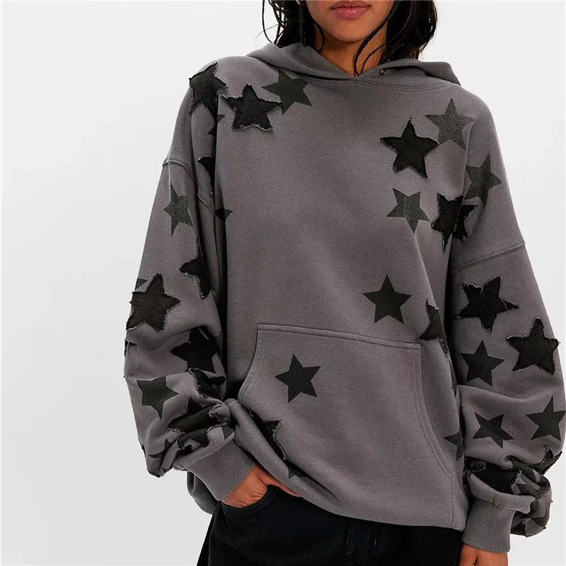hirigin American Casual Oversized Star Patch Hoodie Women Vintage Loose Drop Shoulder Kangaroo Pocket Everyday Street Sweatshirt