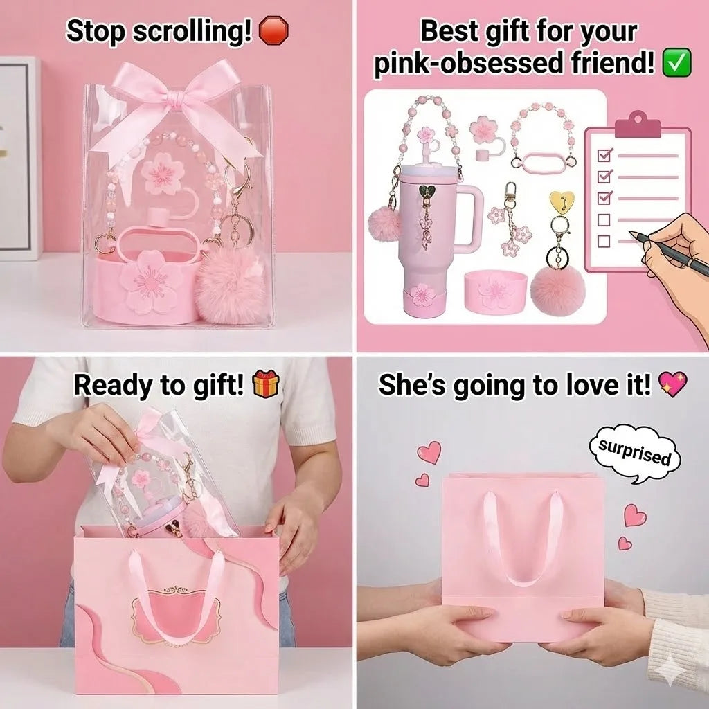7pcs Sakura Pink Accessories Set for Stanley 30oz 40oz Tumbler Coquette Aesthetic Charm Handle Chain Spring Gift for Women Girls