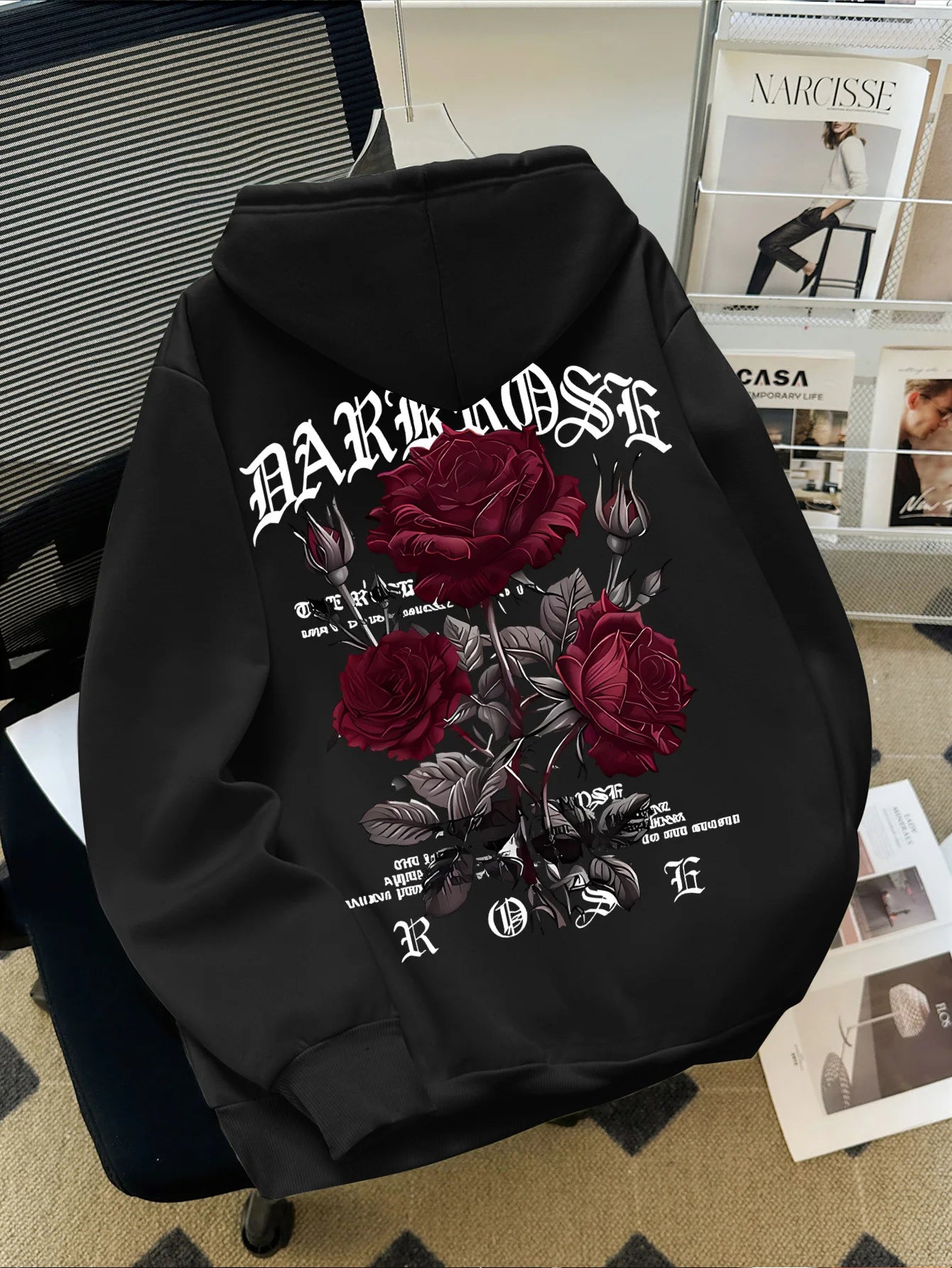 Autumn/Winter Street Style Men's Hoodie with Rose and Gothic Letter Print, Casual Loose Fit, Fleece-lined Long-sleeved Hoodie