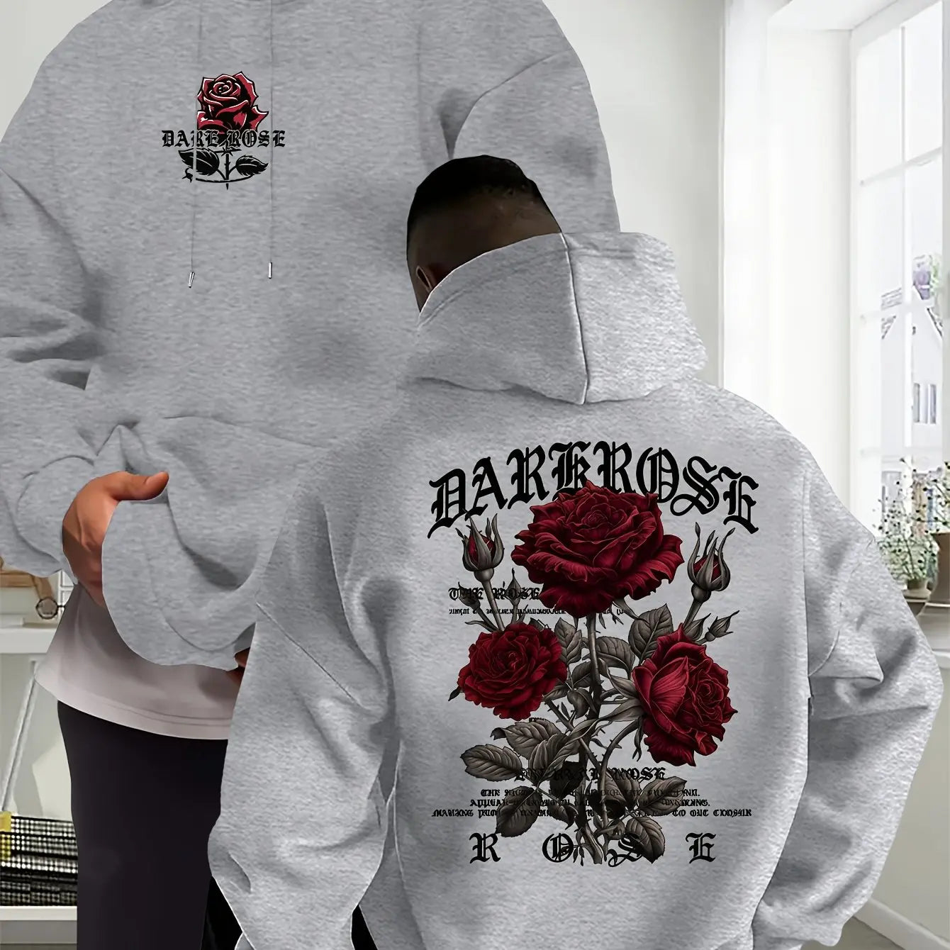 Men's Oversized Hoodie Rose Graphic Print Sweatshirt Gothic Streetwear Vintage Pullover Hooded Top Casual Autumn Winter