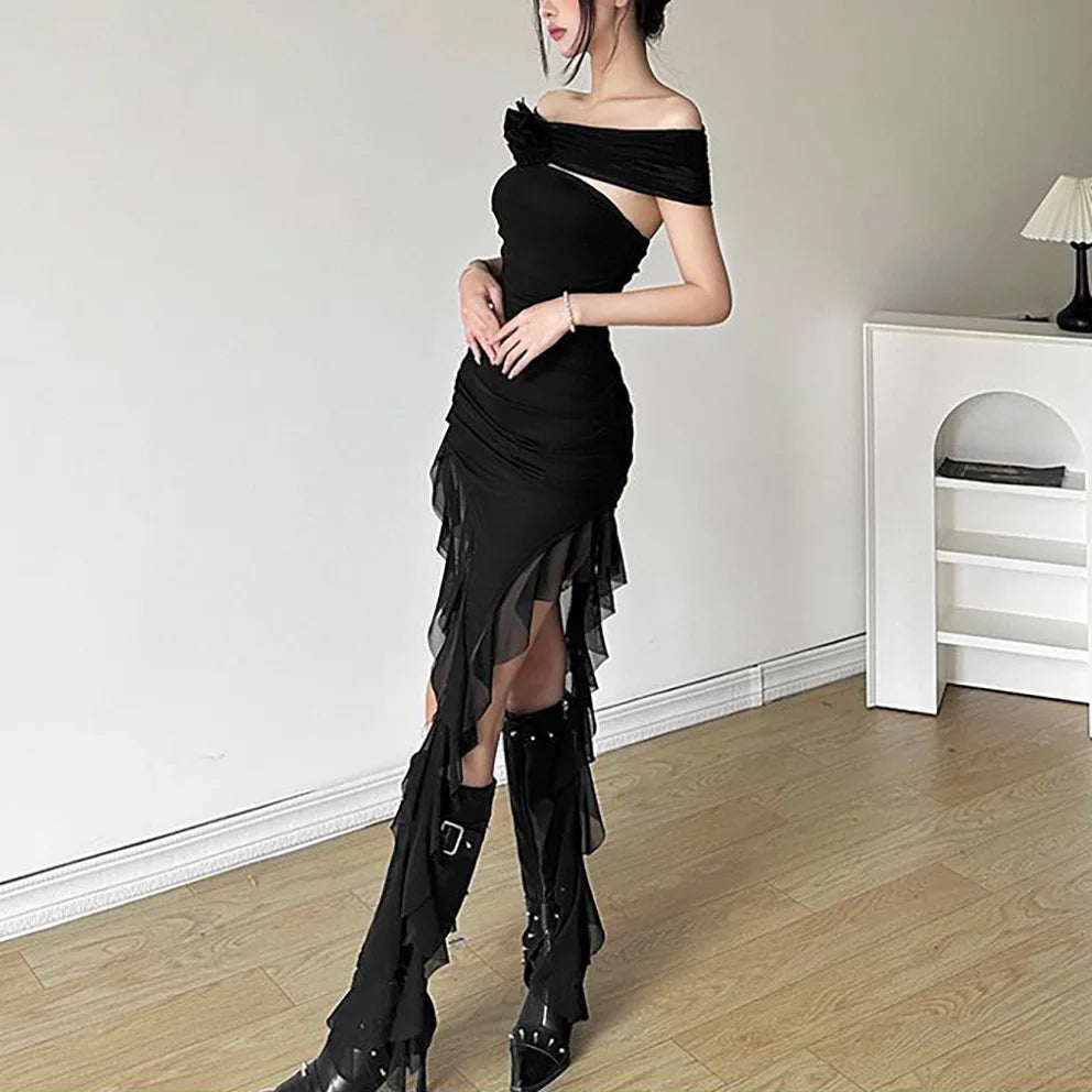 Lace Splicing Sexy Perspective Dress Women Irregular Sleeveless Edge Dress Summer Long Party Vacation Evening Dress