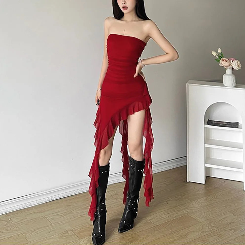 Lace Splicing Sexy Perspective Dress Women Irregular Sleeveless Edge Dress Summer Long Party Vacation Evening Dress