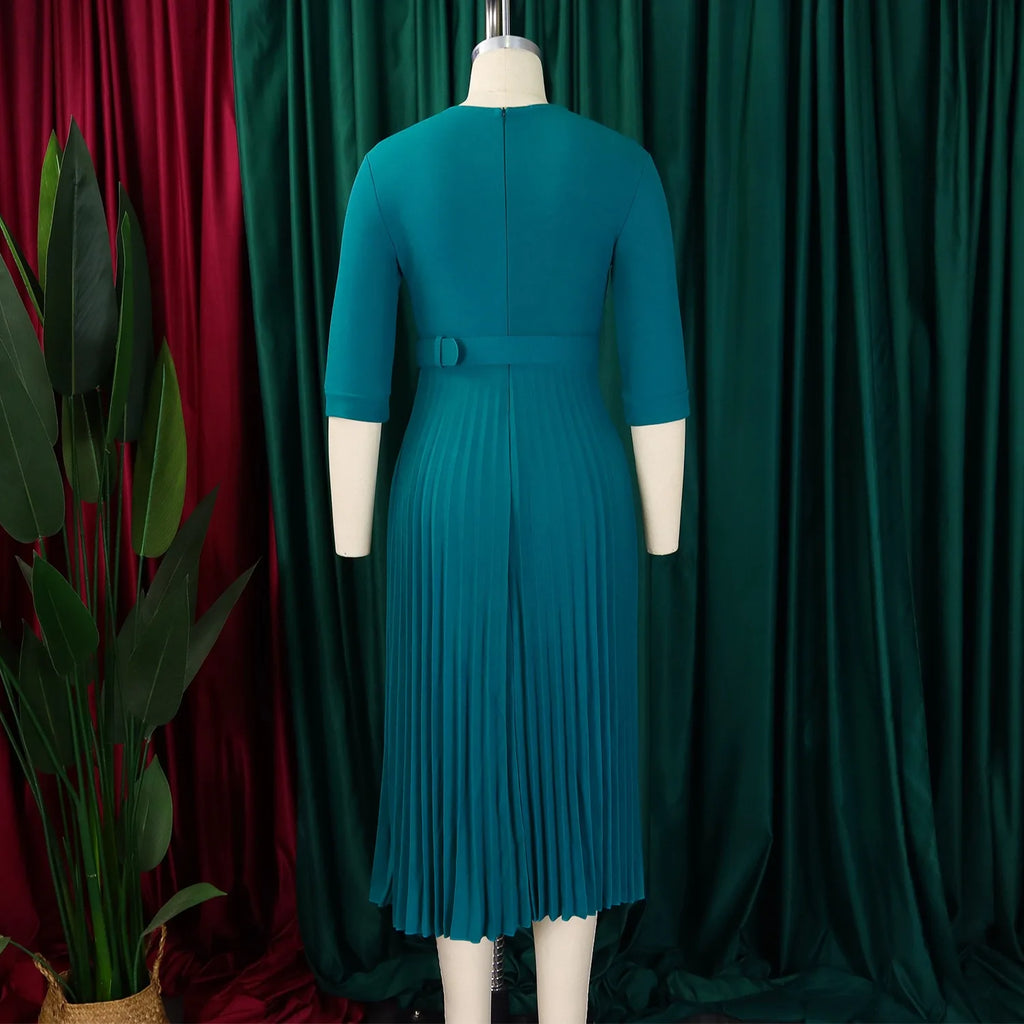 Elegant Office Ladies Dresses 2024 Autumn Fall Notched Collar Half Sleeve Belt Waisted Mid Calf Female Birthday Party Dress Midi