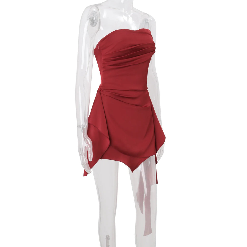 PixieKiki Sexy Satin Red Dress Asymmetrical Ruched Strapless Backless Short Dresses for Woman Party Birthday Outfits P33-EE26