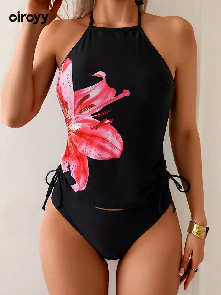 Circyy Swimsuit Women Floral Printed Sexy Bikini Set Drawstring Lace Up Black Beachwear Summer New Holiday Slim Bathing Suit