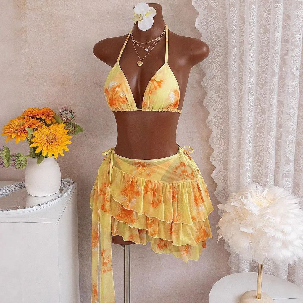 New Color-blocking Slim-fit Sexy Casual Hot Vacation Swimsuit With Straps, Three-piece Bikini Set