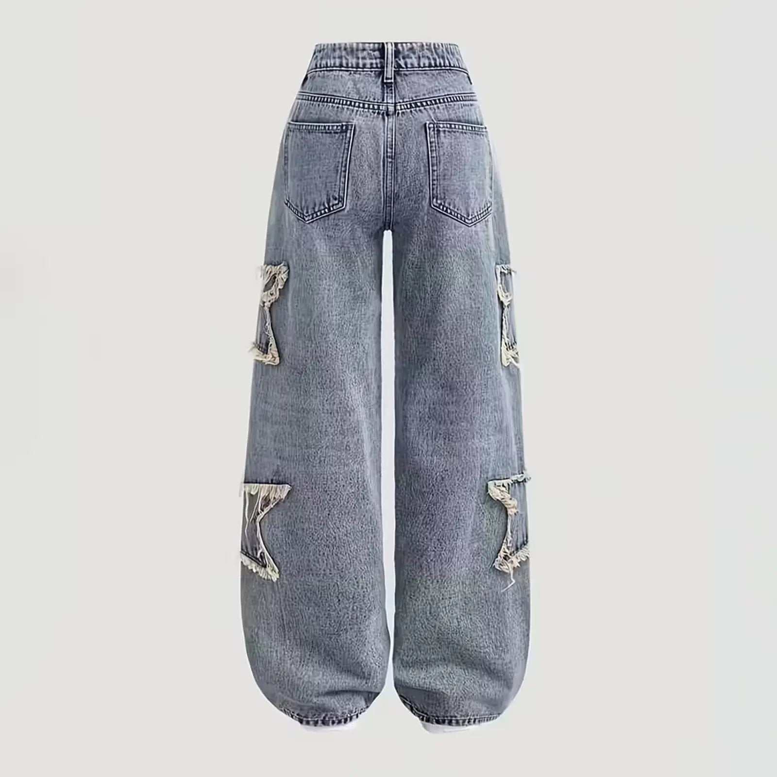 Girls Jeans Autumn Spring Loose Casual Straight Pants Kids Fashion Versatile Wide Leg Trousers Star Patchwork Denim Pants 5-15Y