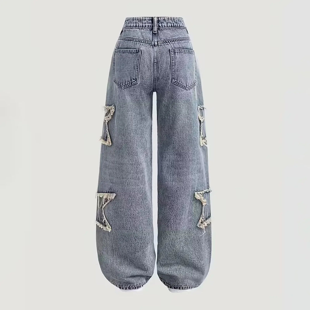 Girls Jeans Autumn Spring Loose Casual Straight Pants Kids Fashion Versatile Wide Leg Trousers Star Patchwork Denim Pants 5-15Y