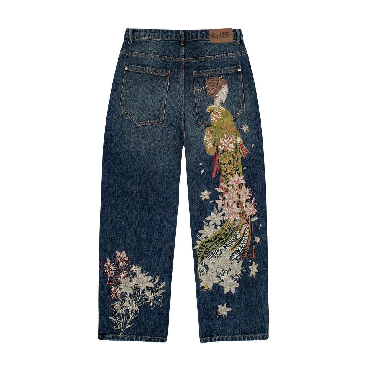 Y2K Two Piece Harajuku Vintage Cherry Blossom Selvedge Embroidery oversized Hoodie Goth men women wide leg pants streetwear Set