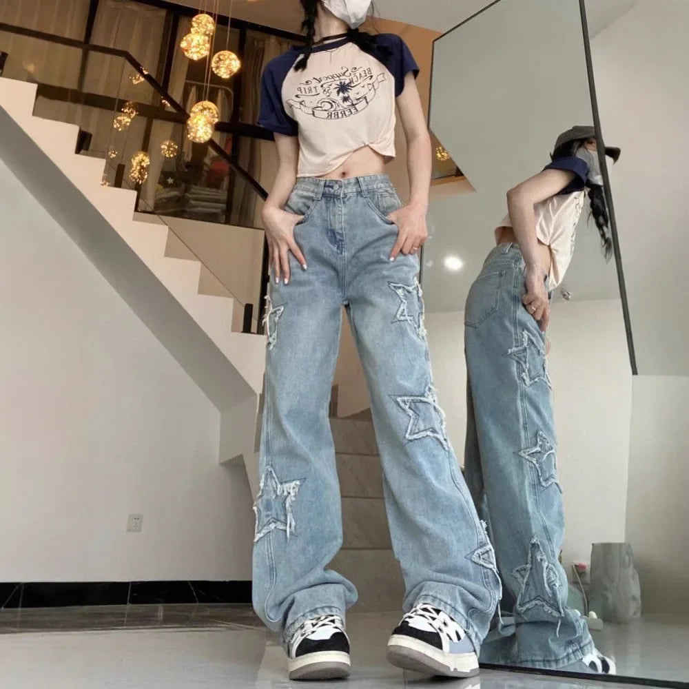High Waist Wide Leg Straight Cut Jeans Women's Spring Summer New Style Embroidered Five-Pointed Star Patch Trendy Long Pants