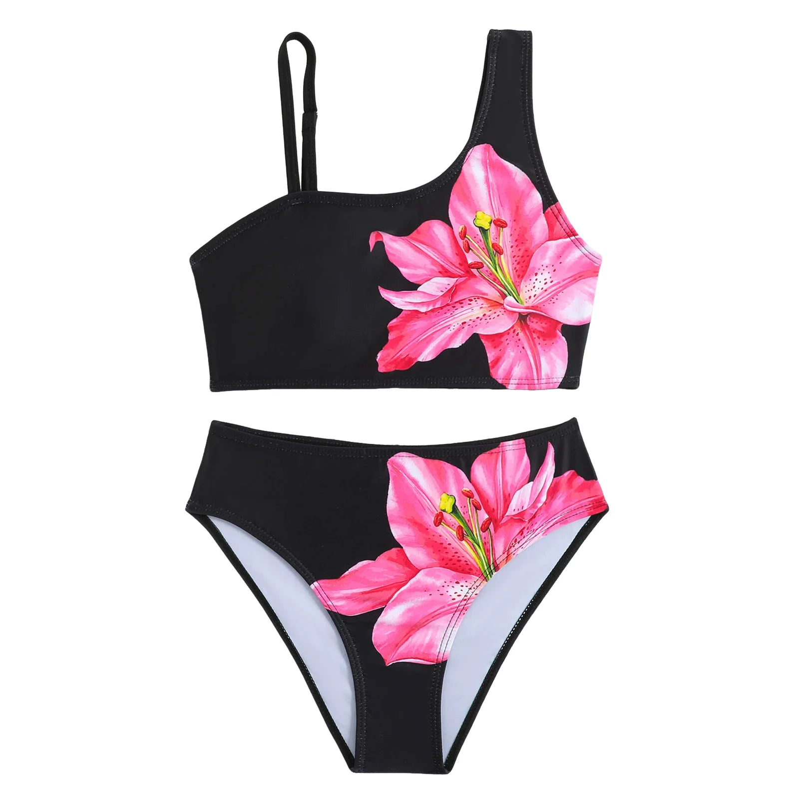 2 Piece Kids High Waist Bikini Sets One Shoulder Floral Printed Padded Swimsuit For Girls Summer Beachwear Swimming Bathing Suit
