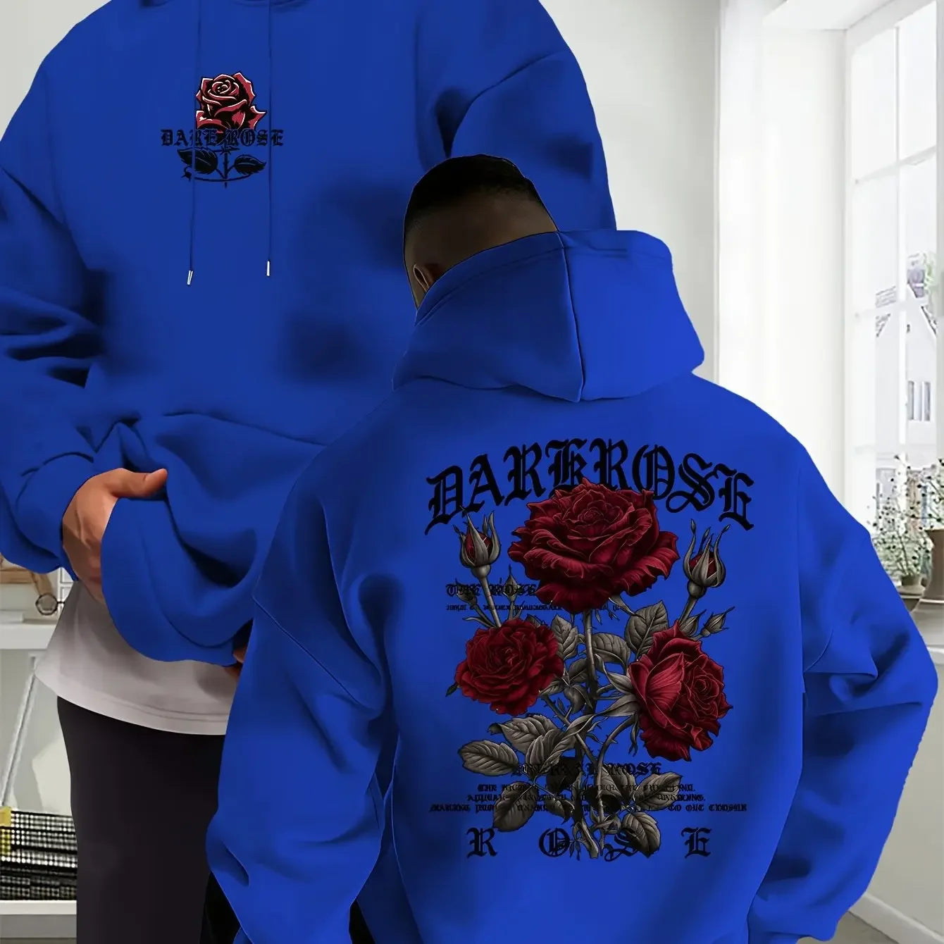 Men's Oversized Hoodie Rose Graphic Print Sweatshirt Gothic Streetwear Vintage Pullover Hooded Top Casual Autumn Winter