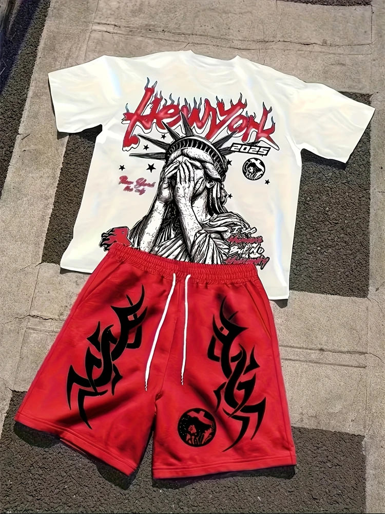 2026 New Spring American Hip-hop Style Men's Round-neck Top And Casual Shorts, Street Fashion Trend Men's Short-sleeved 2pcs Set