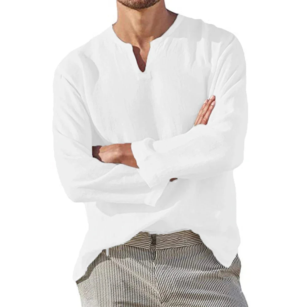 Men's Cotton Linen Shirt Cozy Solid Color Long Sleeve Breathable Tops V Neck Casual Blouse Hawaiian Shirt Lightweight Shirts
