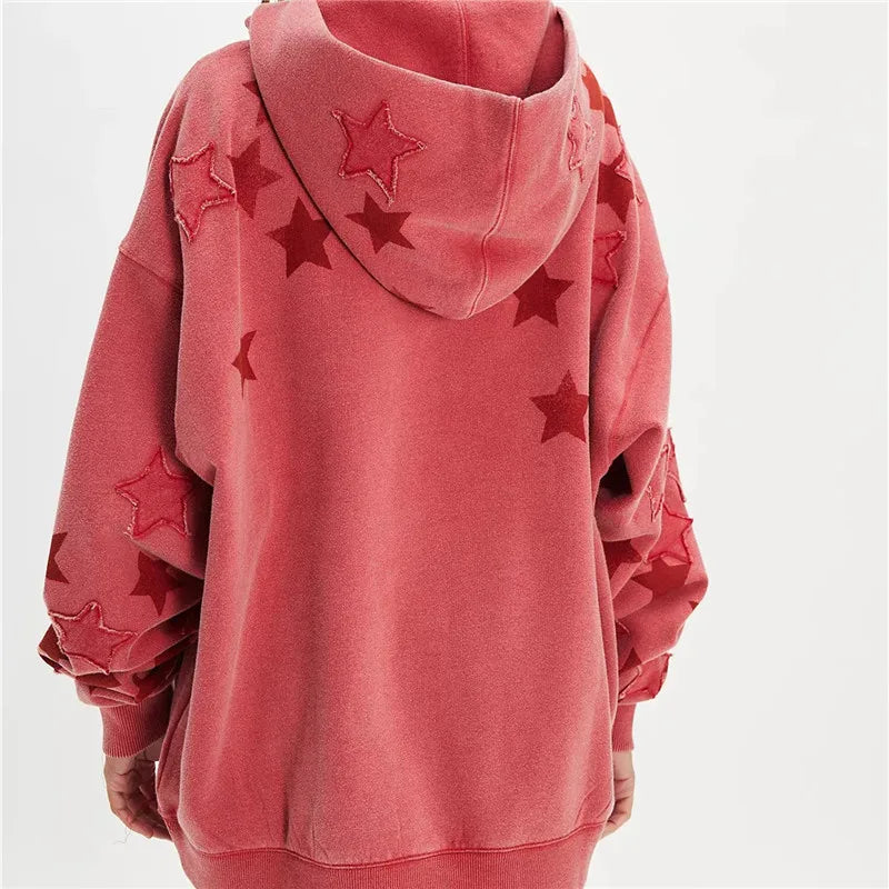 hirigin American Casual Oversized Star Patch Hoodie Women Vintage Loose Drop Shoulder Kangaroo Pocket Everyday Street Sweatshirt