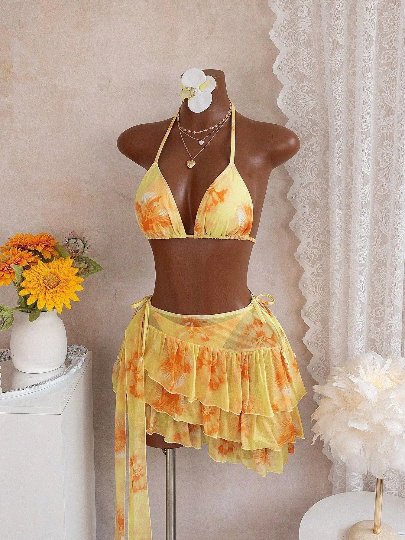 New Color-blocking Slim-fit Sexy Casual Hot Vacation Swimsuit With Straps, Three-piece Bikini Set