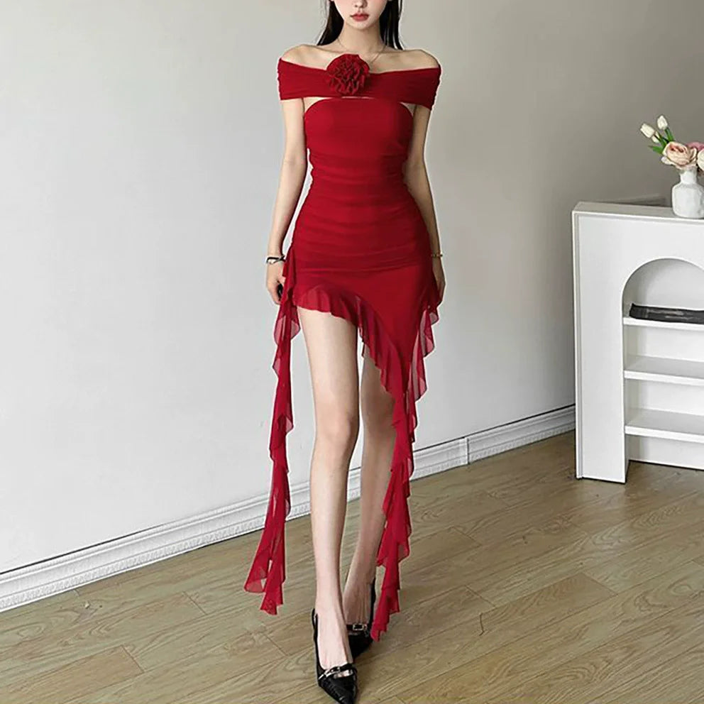 Lace Splicing Sexy Perspective Dress Women Irregular Sleeveless Edge Dress Summer Long Party Vacation Evening Dress