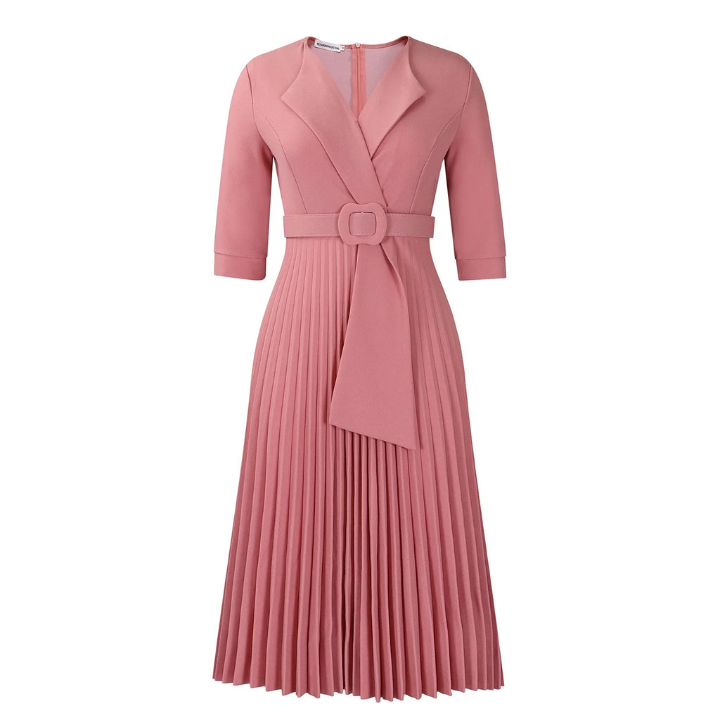Elegant Office Ladies Dresses 2024 Autumn Fall Notched Collar Half Sleeve Belt Waisted Mid Calf Female Birthday Party Dress Midi