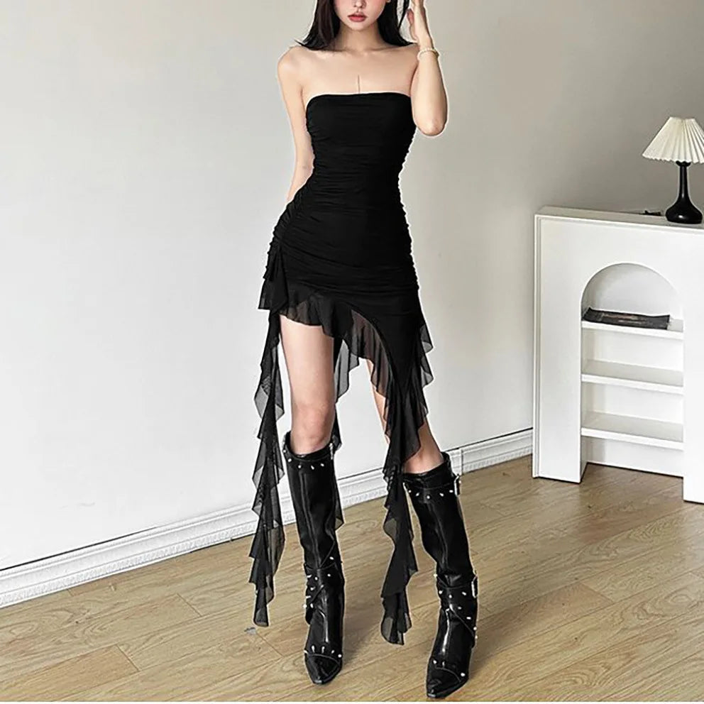 Lace Splicing Sexy Perspective Dress Women Irregular Sleeveless Edge Dress Summer Long Party Vacation Evening Dress