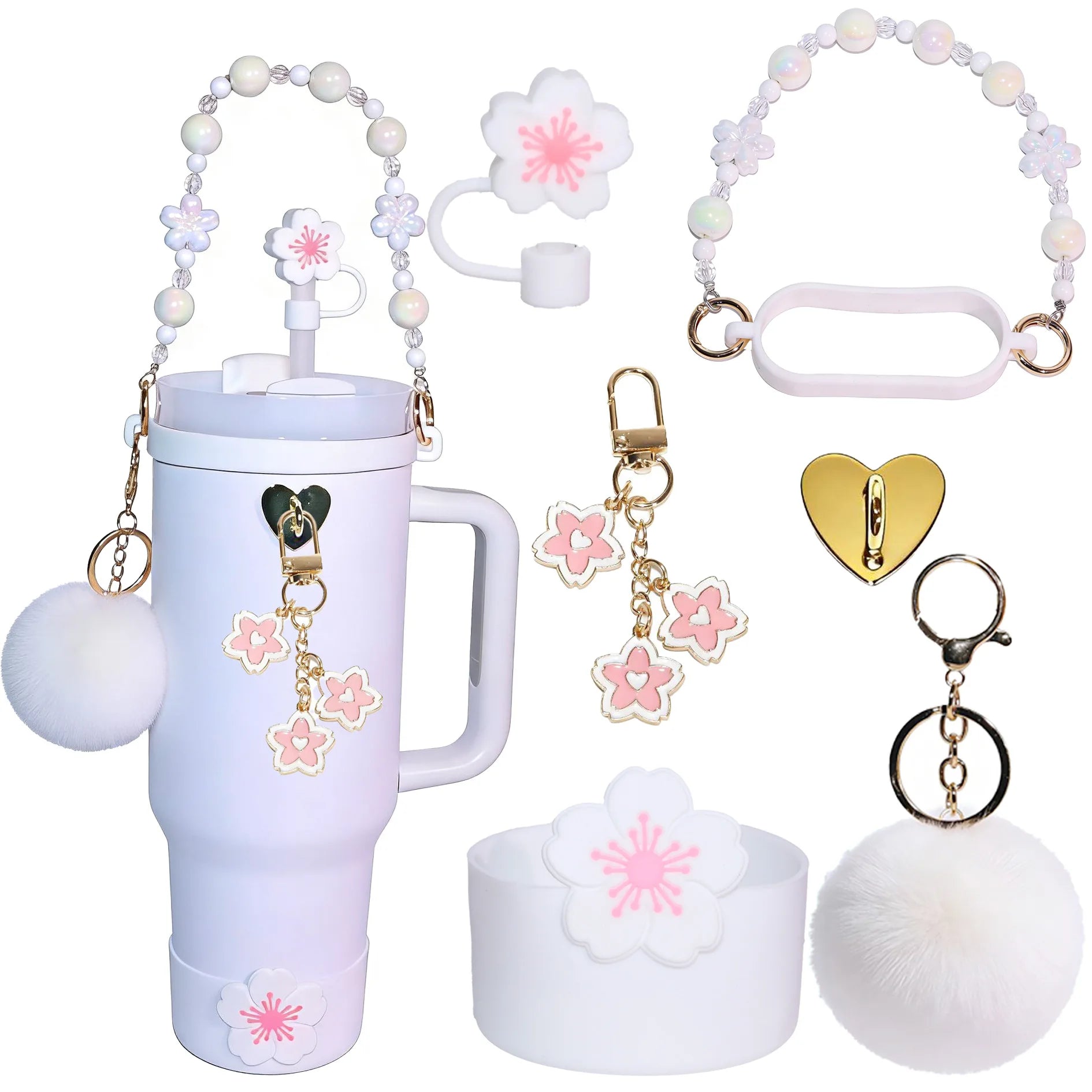 7pcs Sakura Pink Accessories Set for Stanley 30oz 40oz Tumbler Coquette Aesthetic Charm Handle Chain Spring Gift for Women Girls