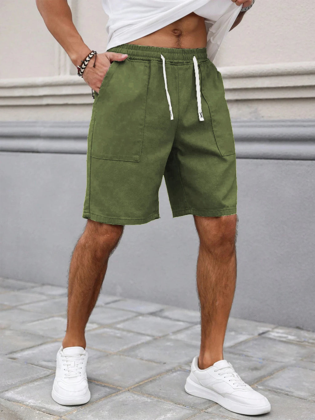 Summer Men's Retro American Style Shorts with Drawstring Casual Pants Included Solid Color Trendy Mid-Length Men's Shorts
