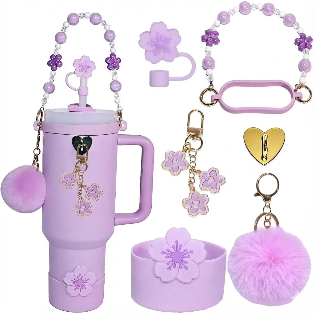 7pcs Sakura Pink Accessories Set for Stanley 30oz 40oz Tumbler Coquette Aesthetic Charm Handle Chain Spring Gift for Women Girls