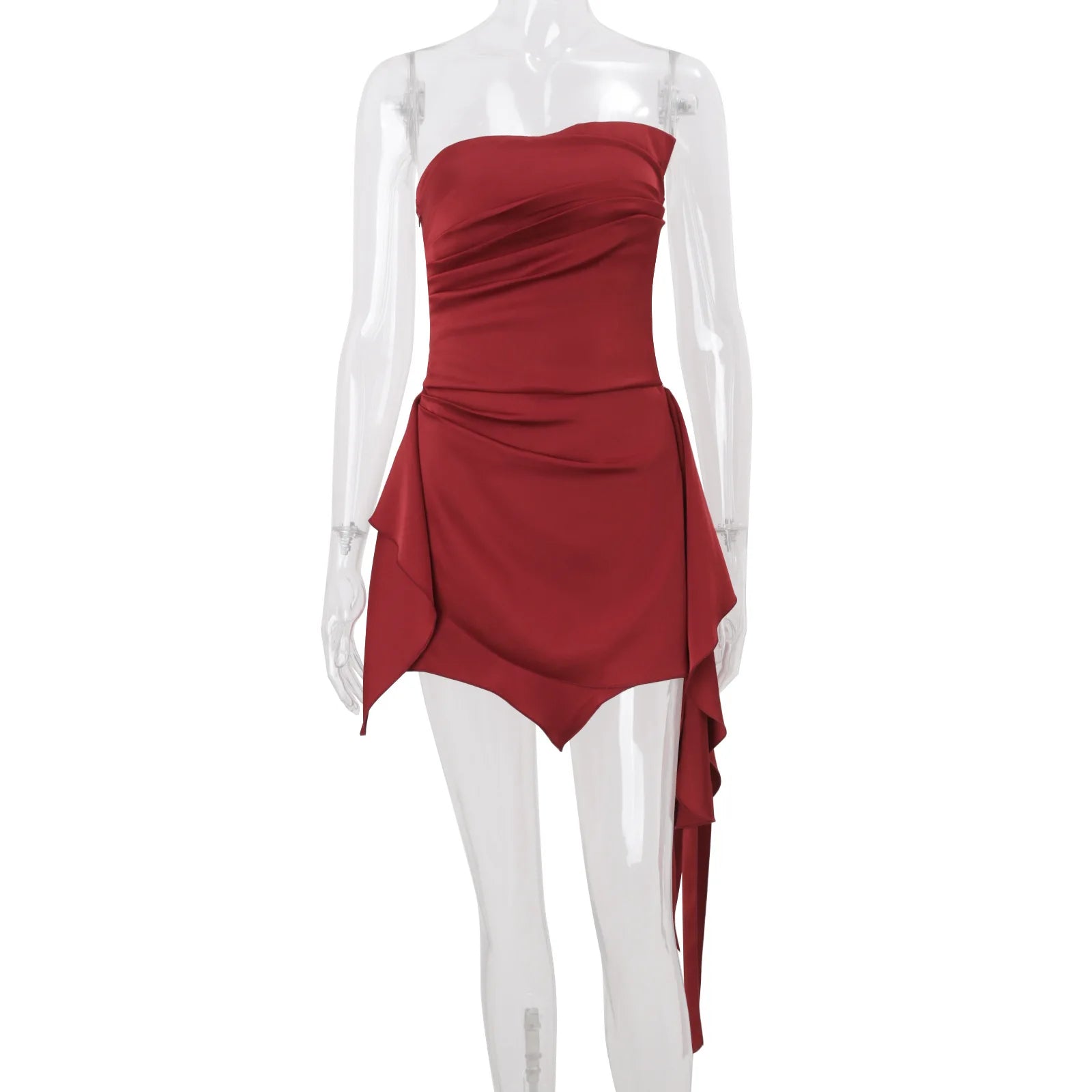 PixieKiki Sexy Satin Red Dress Asymmetrical Ruched Strapless Backless Short Dresses for Woman Party Birthday Outfits P33-EE26